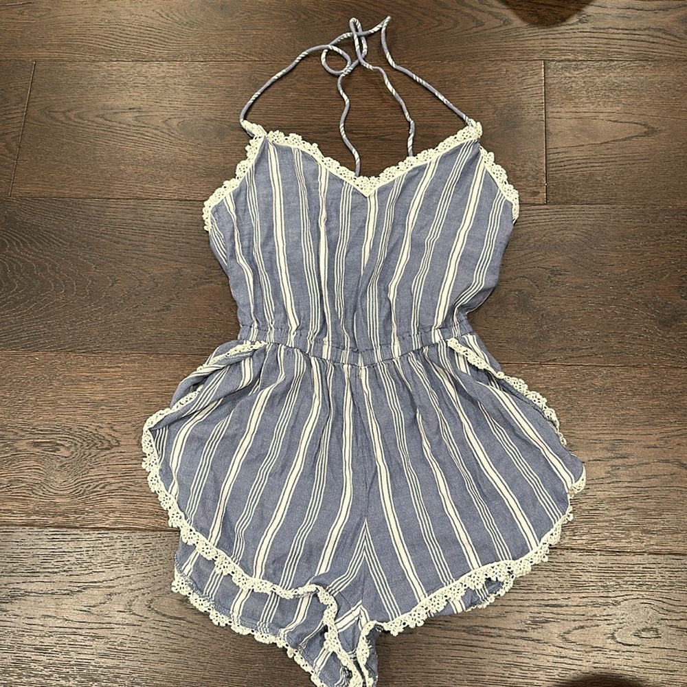 Blue and White Striped Abercrombie and Fitch Romper Swim Cover Up